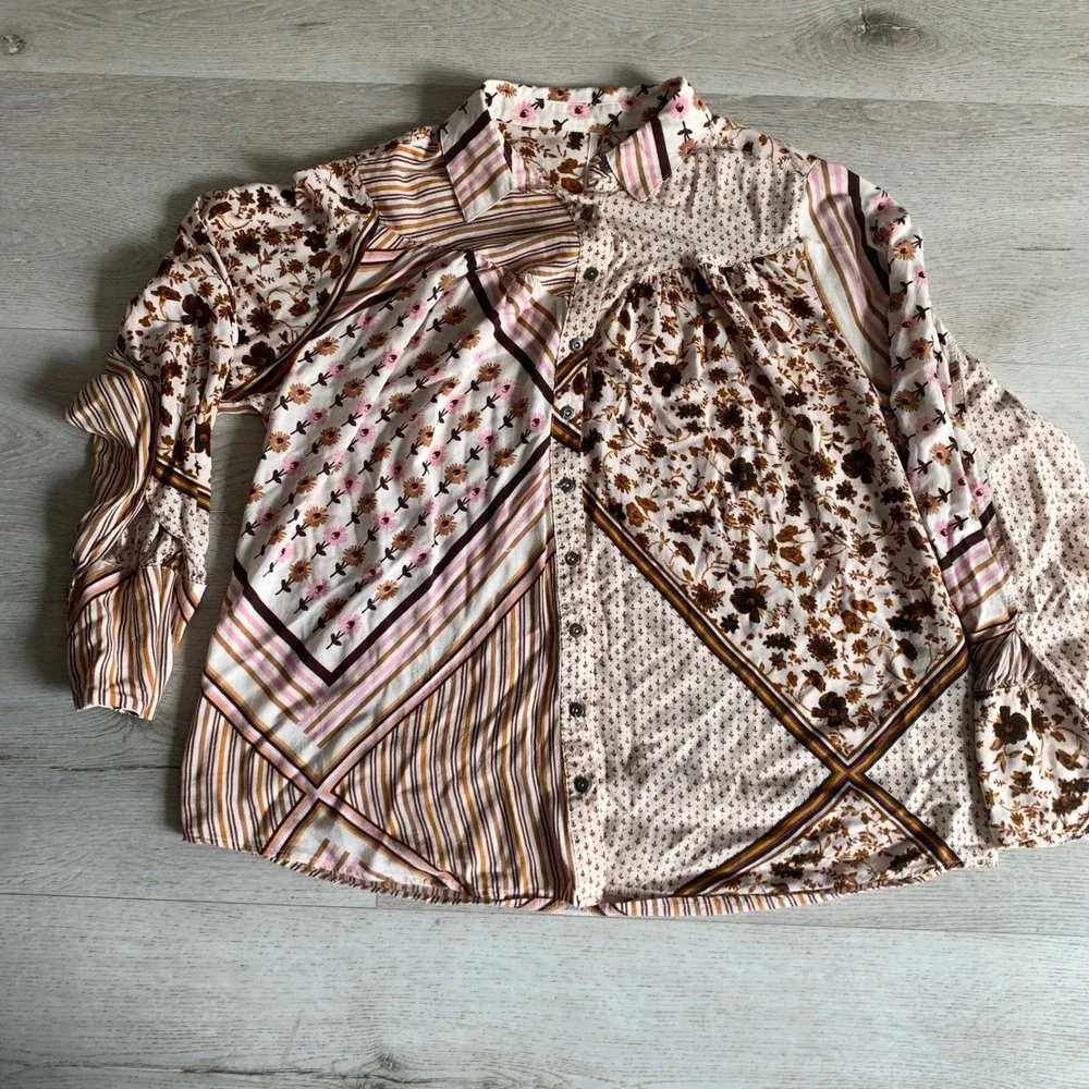Free‎ People Hazel Patchwork Button Down Blouse in Tea Combo Size M